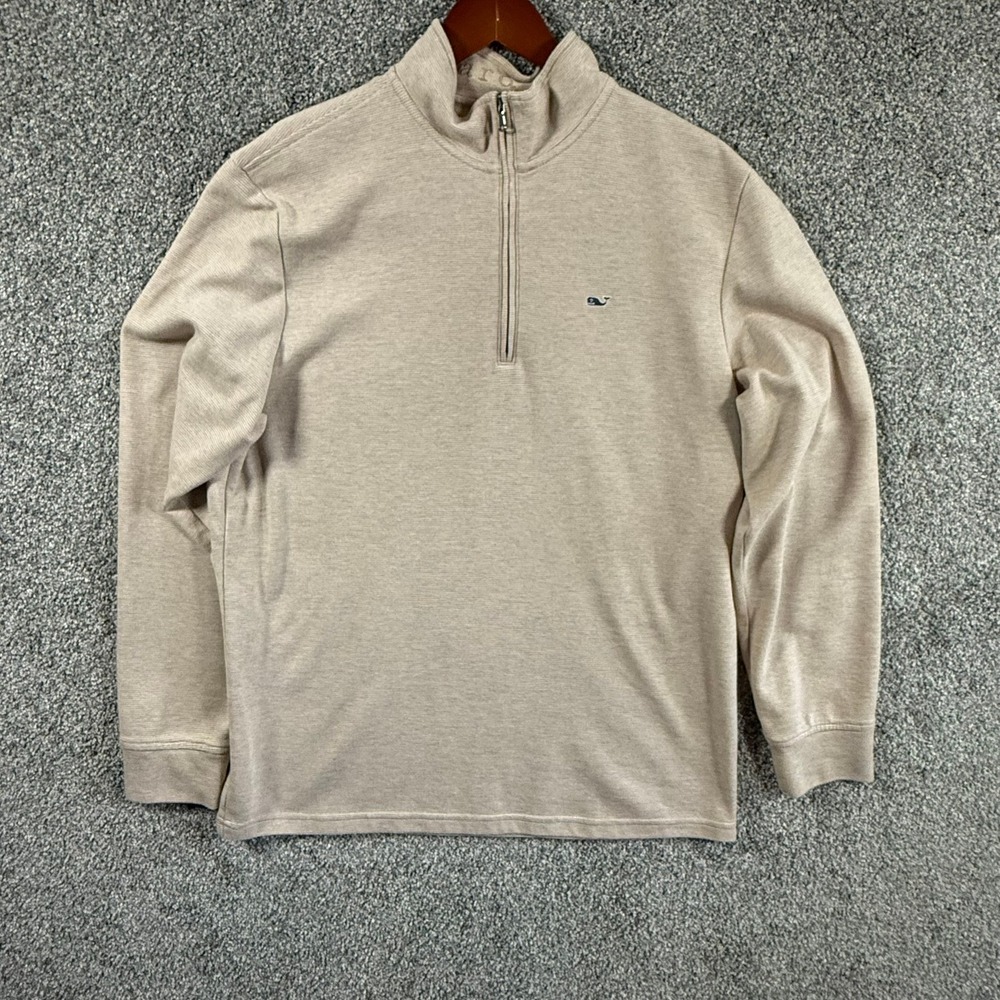 Vineyard Vines Mens Large Tan Beige Striped Quarter Zip Pullover Sweater L